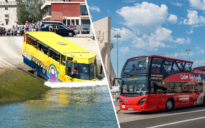 Amphibious tour bus entering water during Lisbon sightseeing tour.