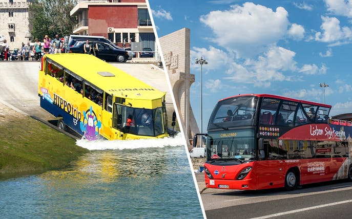 Amphibious tour bus entering water during Lisbon sightseeing tour.