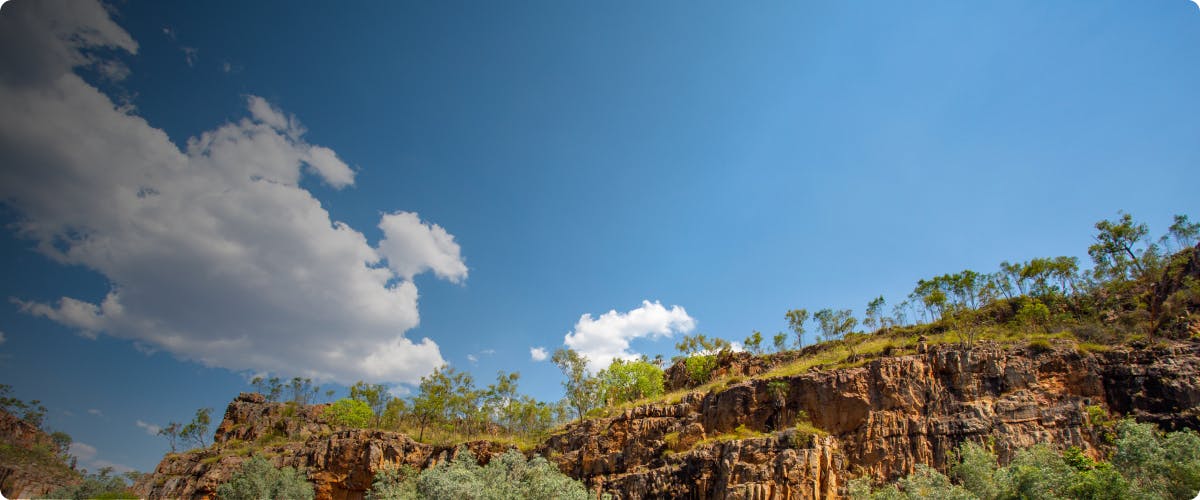 Rocky cliffs and trees under a blue sky in Katherine, Australia.