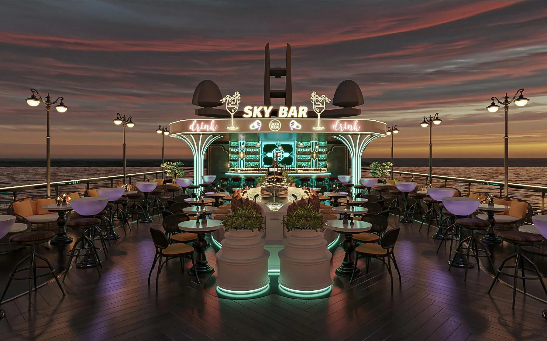 Sky bar on La Casta Star Cruise at sunset, Lan Ha Bay.