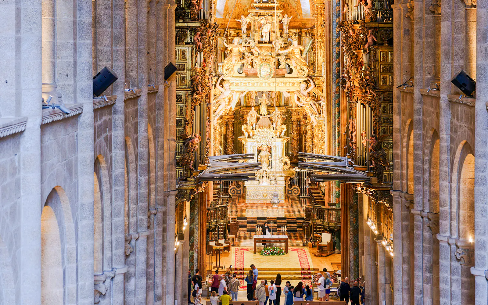 Main altar and central nave view from the choir of Santiago de Compostela Cathedral.