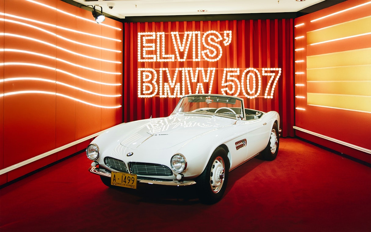 BMW Museum display featuring Elvis' BMW 507 in Munich.