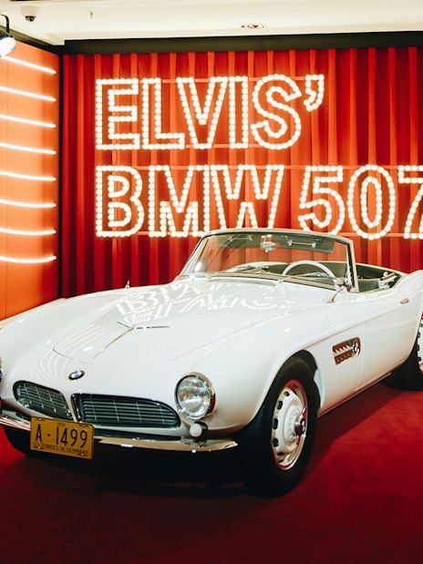 BMW Museum display featuring Elvis' BMW 507 in Munich.