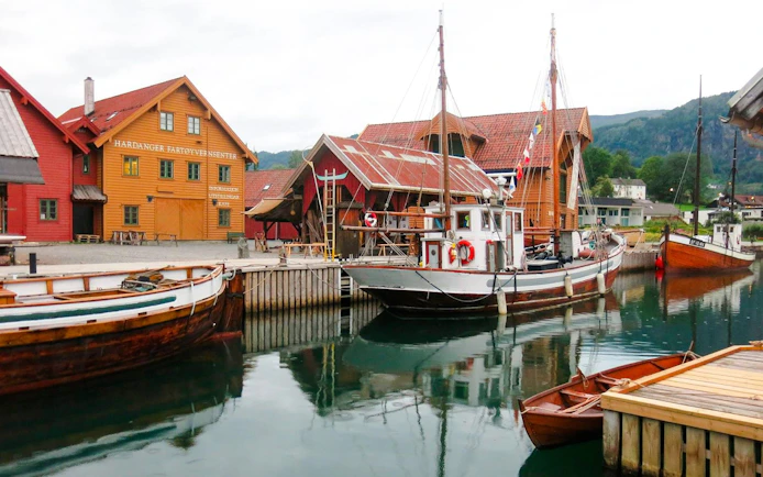 Hardanger Fartøyvernsenter maritime museum with historic boats in Norheimsund, Norway.