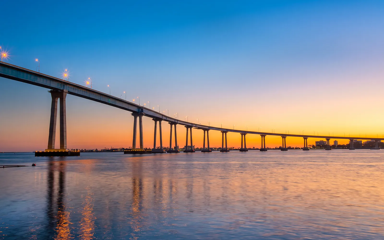 San Diego–Coronado Bridge over San Diego Bay at sunset on Premier Dinner Cruise.
