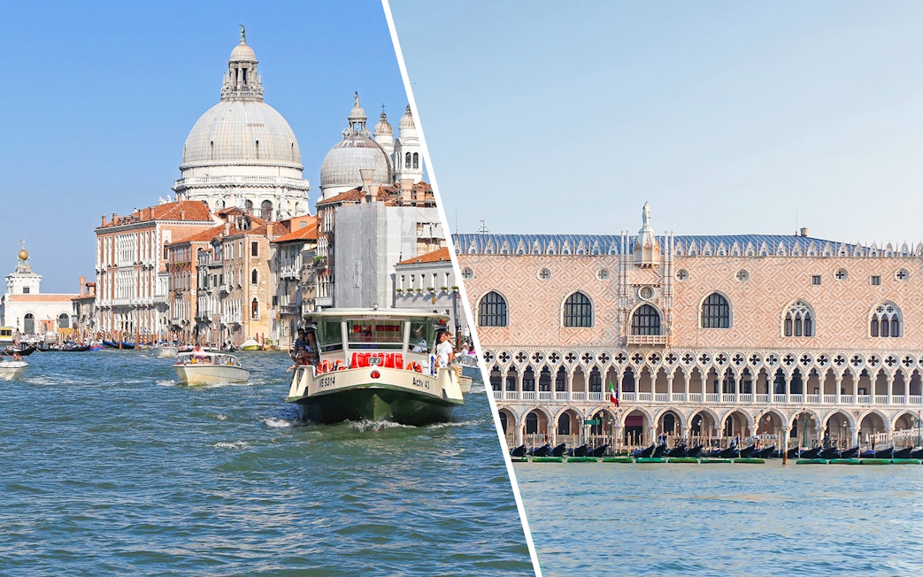 Water bus on Venice's Grand Canal with St. Mark's Basilica and Doge's Palace in view.