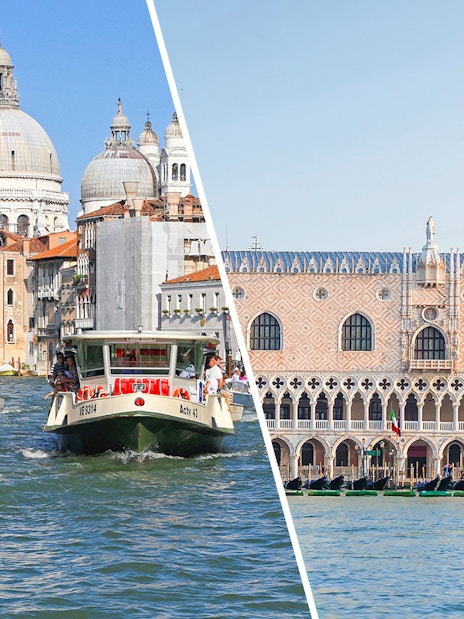 Water bus on Venice's Grand Canal with St. Mark's Basilica and Doge's Palace in view.