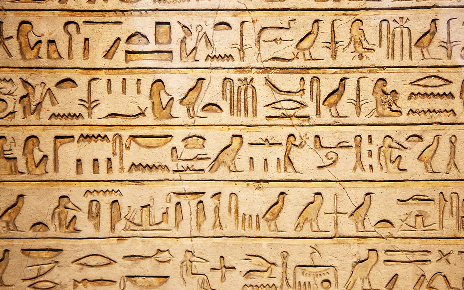 Hieroglyphs on a stone wall exhibit inside Kunsthistorisches Museum Vienna.
