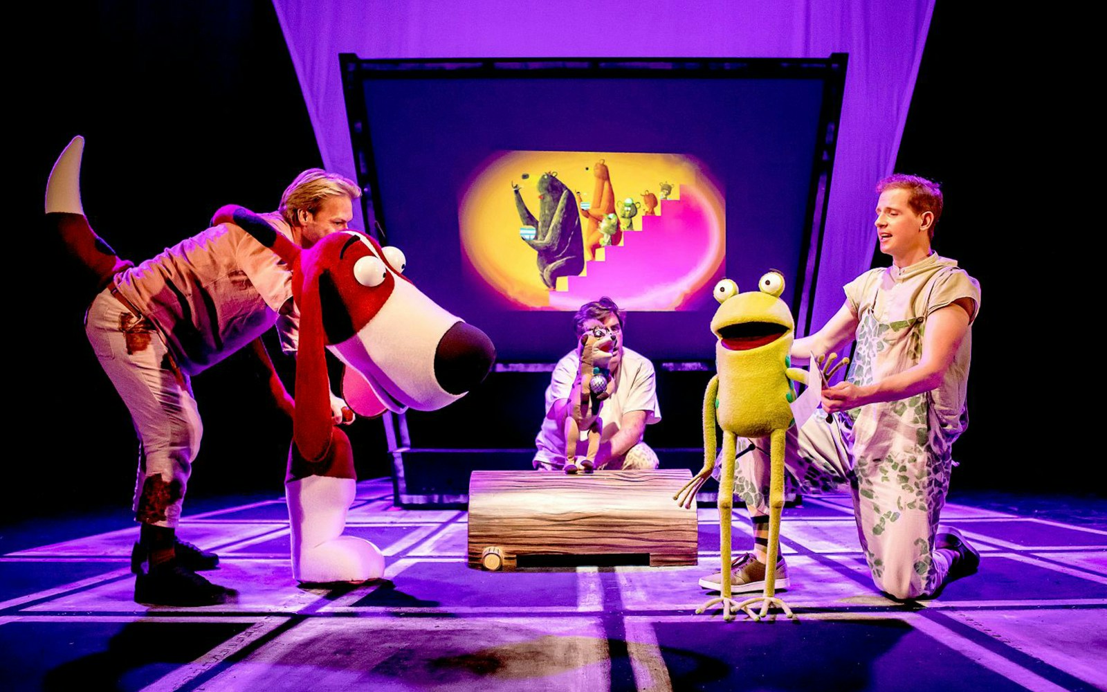 Oi Frog & Friends! stage performance at a London theater with colorful characters.