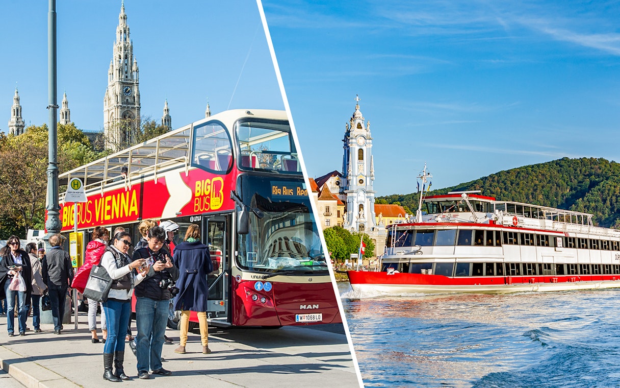Vienna Hop-On Hop-Off bus and Danube River cruise boat with city landmarks.