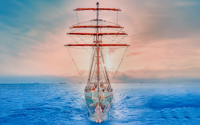 The Royal Albatross sailing at sunset on open sea.