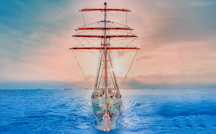 The Royal Albatross sailing at sunset on open sea.