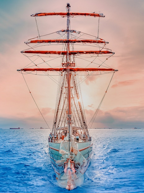 The Royal Albatross sailing at sunset on open sea.