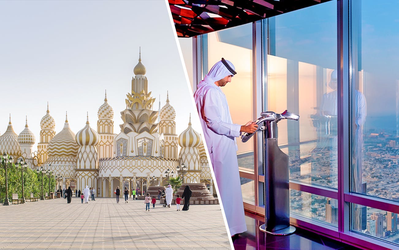 Global Village Dubai entrance and man viewing cityscape from Burj Khalifa observatory.
