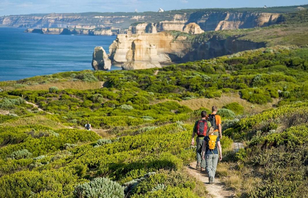 Hikers on a trail overlooking the scenic coastline of the Great Ocean Road, Australia.