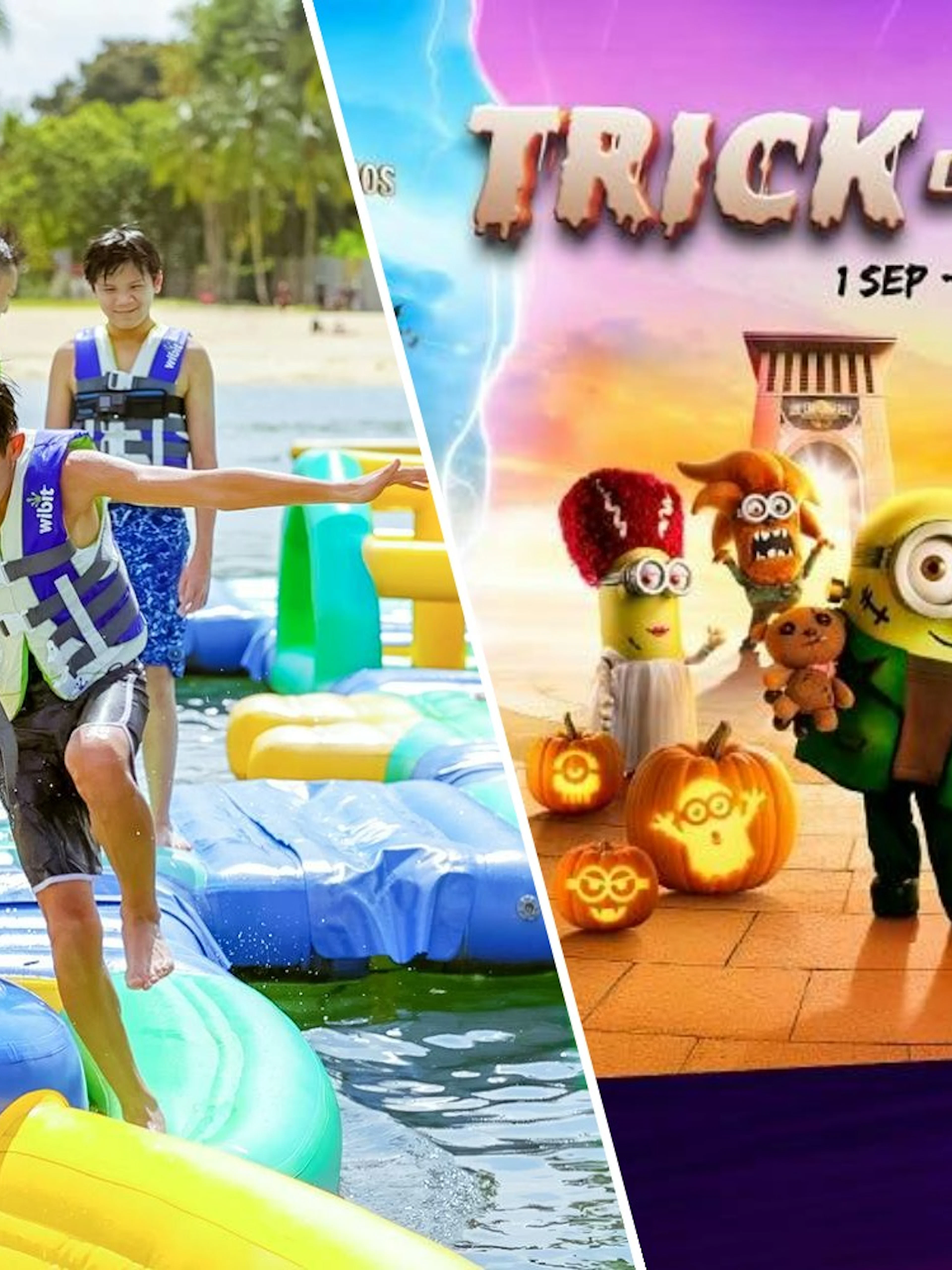 Children enjoying HydroDash water obstacle course in Singapore; Trick or Thrills event at Universal Studios.
