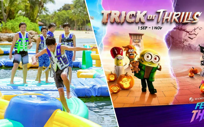 Children enjoying HydroDash water obstacle course in Singapore; Trick or Thrills event at Universal Studios.