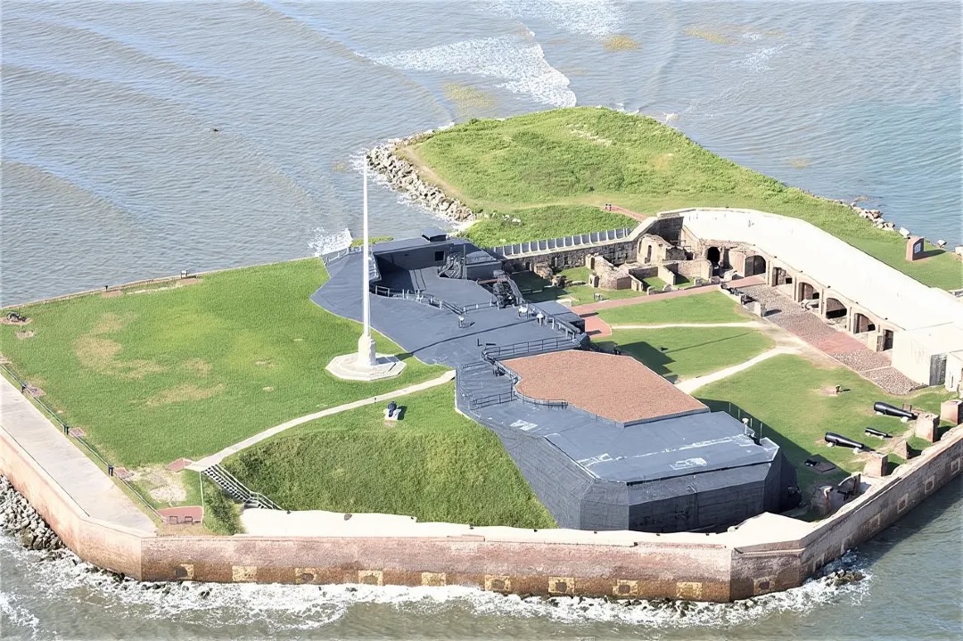 Aerial view of Fort Sumter National Monument surrounded by water in Charleston, South Carolina.