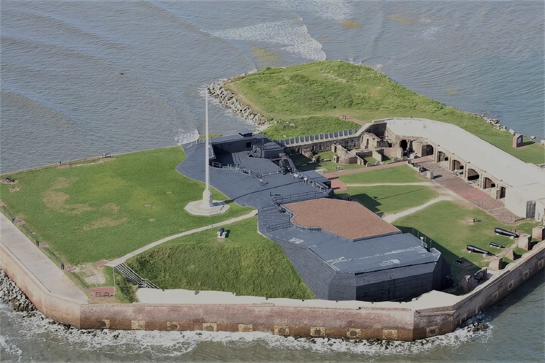 Aerial view of Fort Sumter National Monument surrounded by water in Charleston, South Carolina.