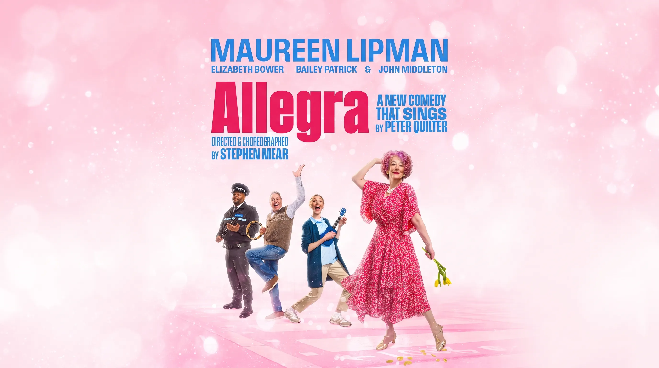 Cast of Allegra comedy show in Westend with pink background