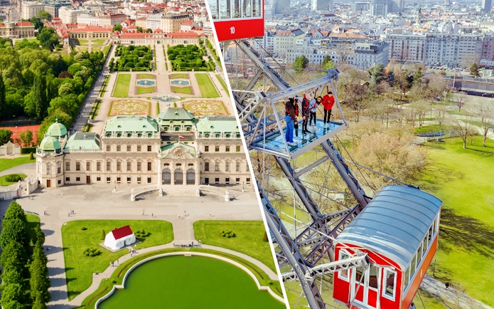 Passengers view Vienna cityscape from the Giant Ferris Wheel, overlooking Belvedere Palace gardens.