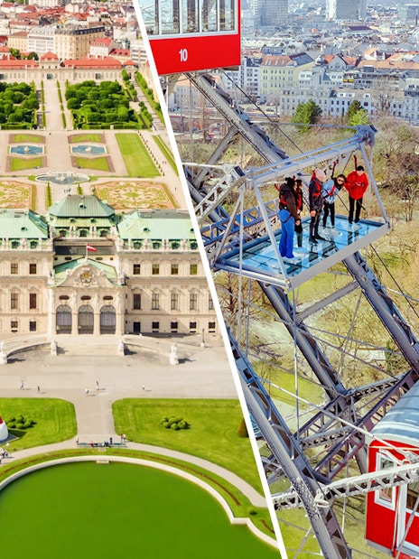 Passengers view Vienna cityscape from the Giant Ferris Wheel, overlooking Belvedere Palace gardens.
