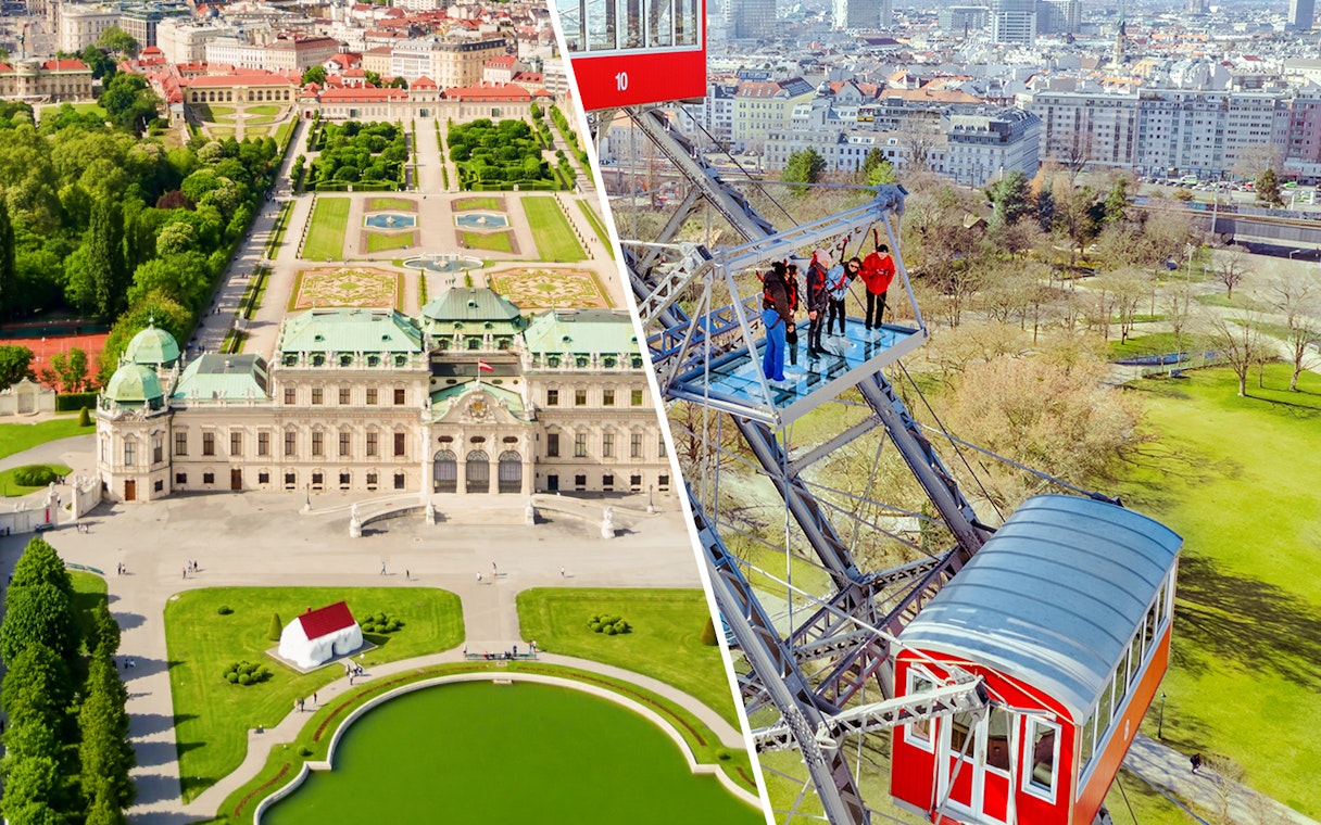 Passengers view Vienna cityscape from the Giant Ferris Wheel, overlooking Belvedere Palace gardens.