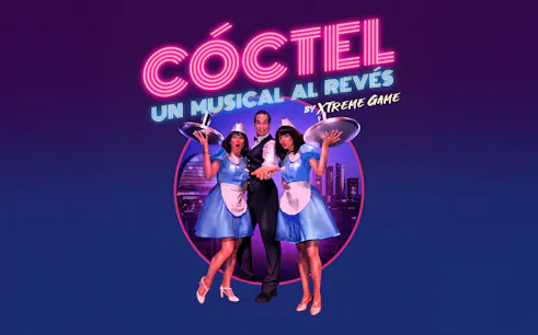 Performers in blue costumes with trays, promoting Coctel, un Musical al Reves.