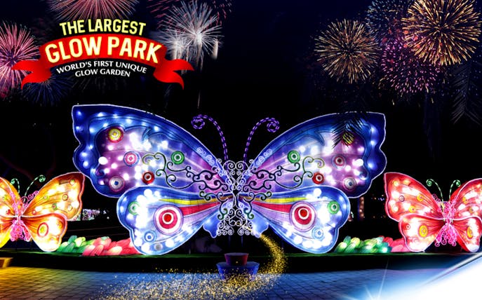Illuminated butterfly sculptures at Dubai Garden Glow with fireworks in the background.