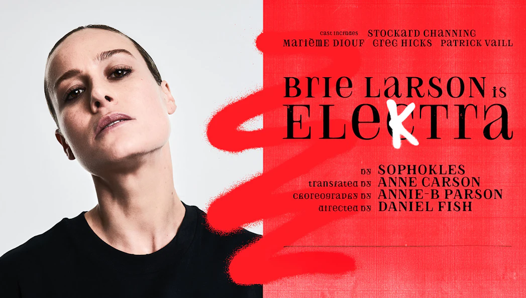 Brie Larson starring in Elektra, theater production poster with red accents.