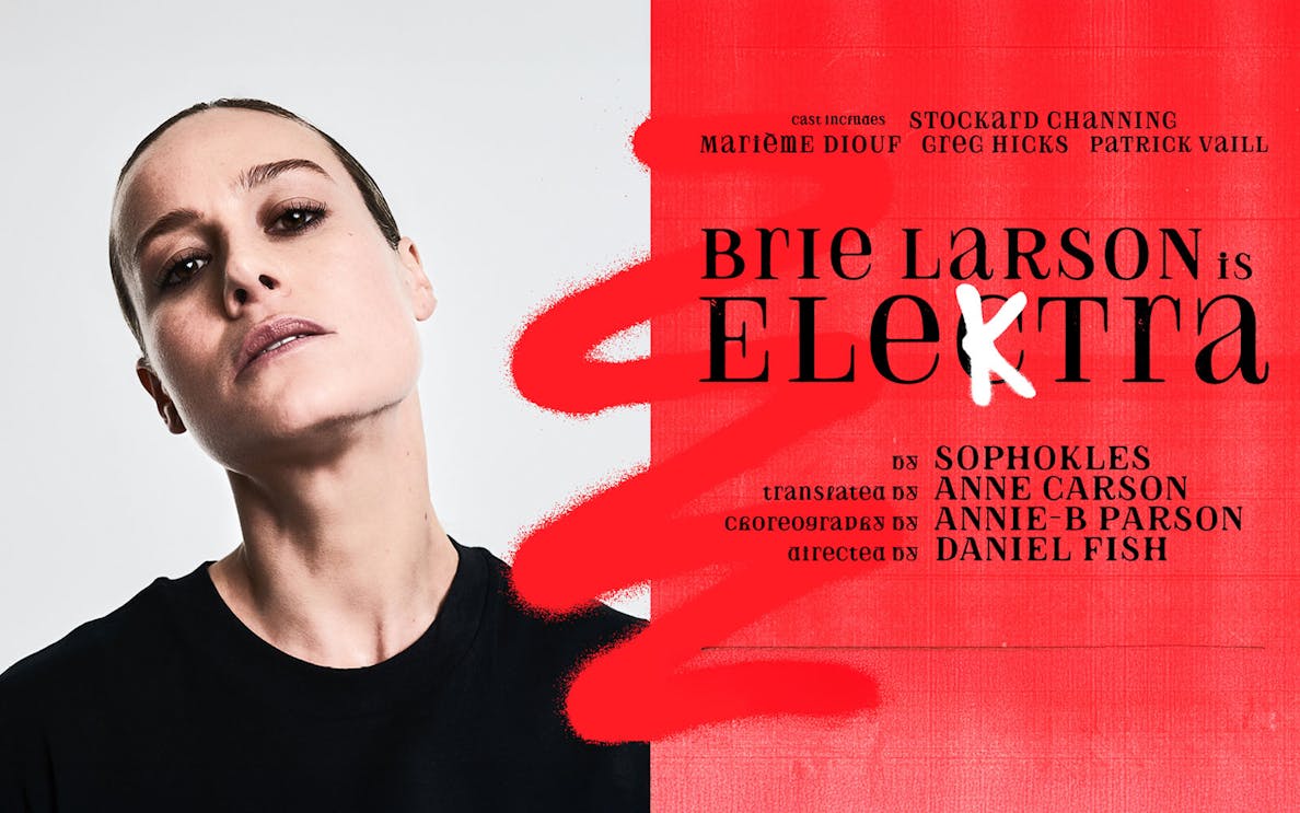 Brie Larson starring in Elektra, theater production poster with red accents.