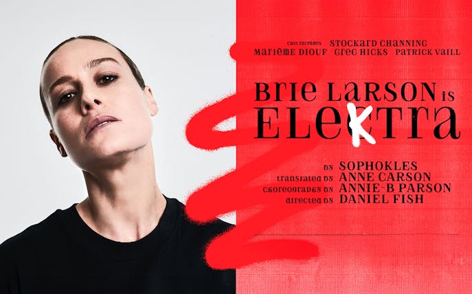 Brie Larson starring in Elektra, theater production poster with red accents.