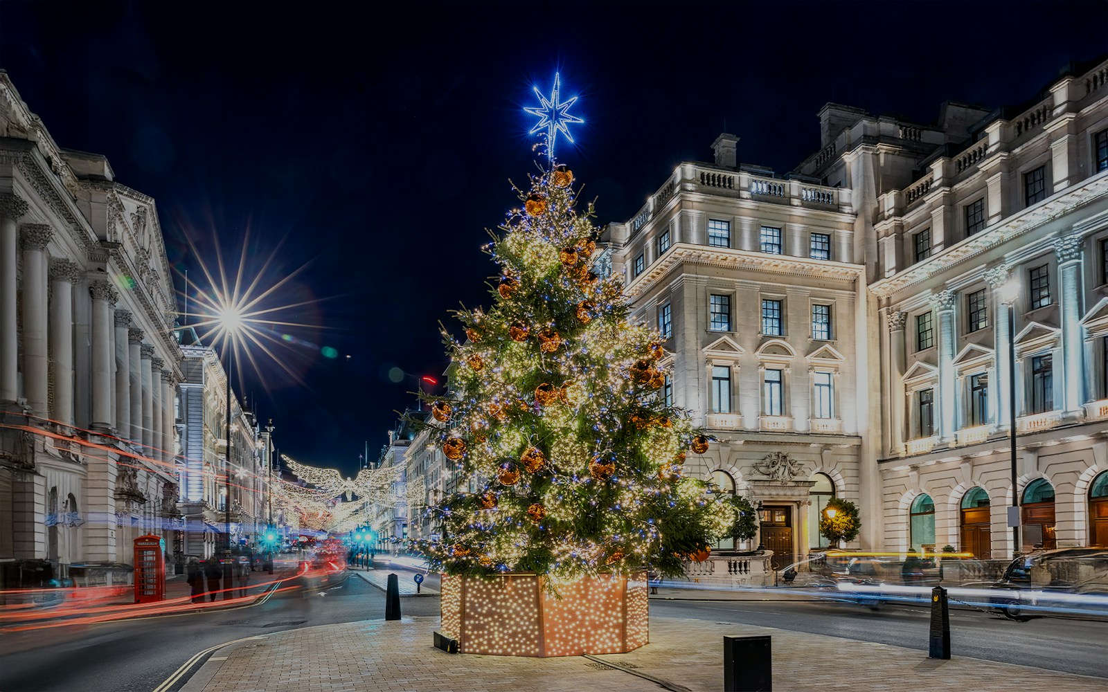 Festive Christmas tree with lights in central London street at night.