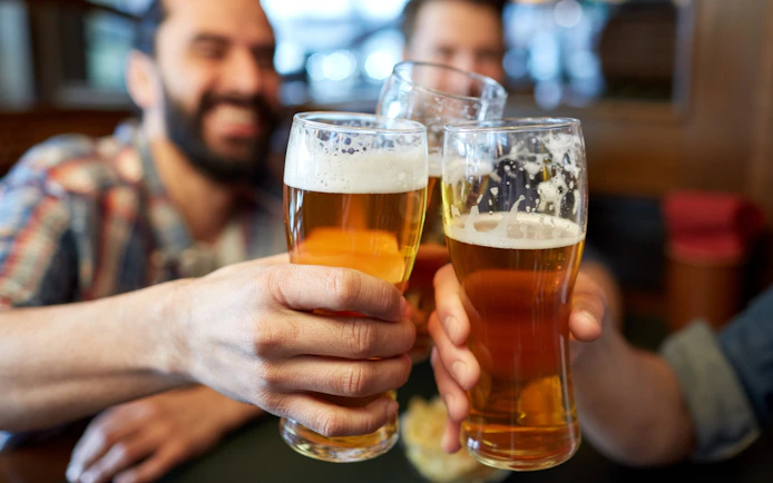 Cheers with beer glasses at a lively pub.