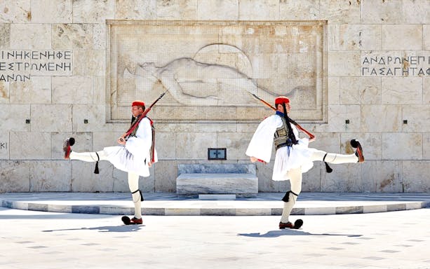 Evzones performing guard change at Tomb of the Unknown Soldier, Syntagma Square, Athens.