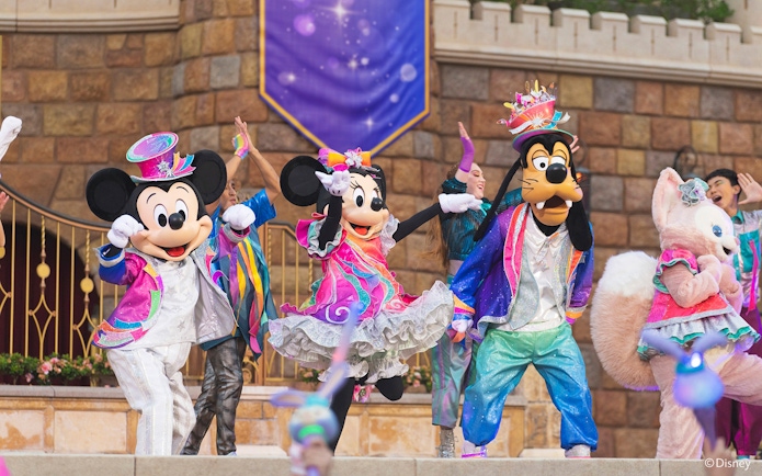 Disney characters performing at Disneyland Hong Kong.