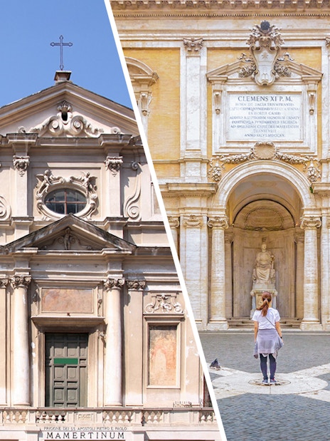 Mamertine Prison facade and visitor at Capitoline Museum courtyard in Rome.