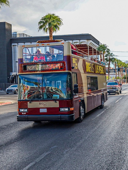 Open-top Big Bus tour driving on Las Vegas Boulevard with palm trees in the background.