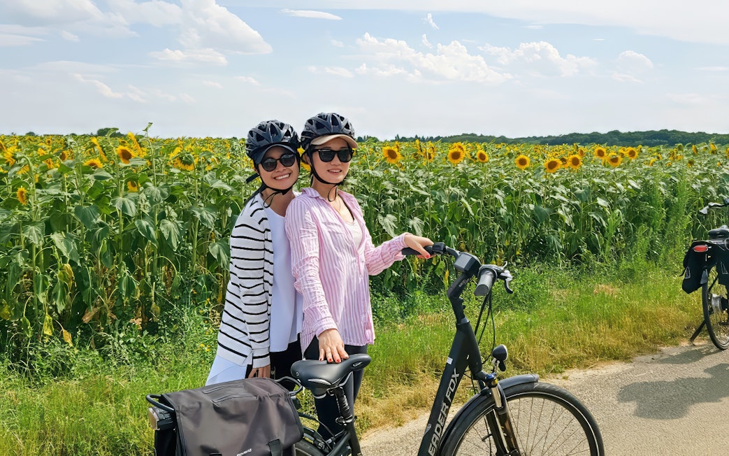 Two cyclists on an e-bike tour near a sunflower field in Chambord.