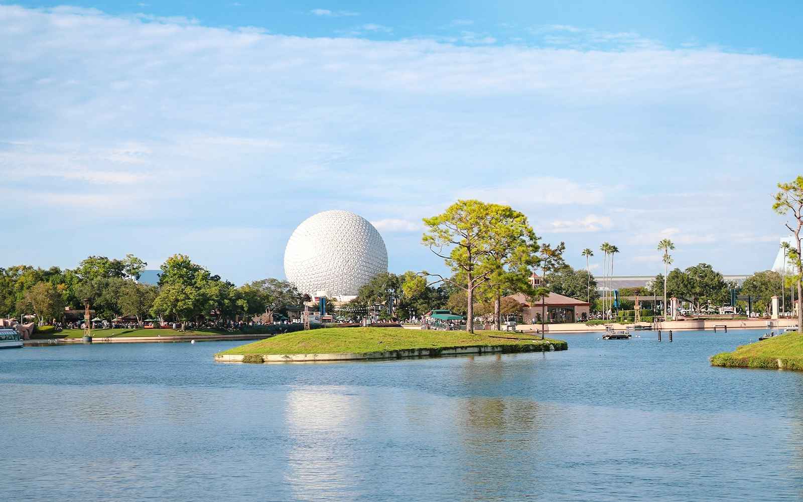 EPCOT's Spaceship Earth across the lake at Walt Disney World, Orlando.