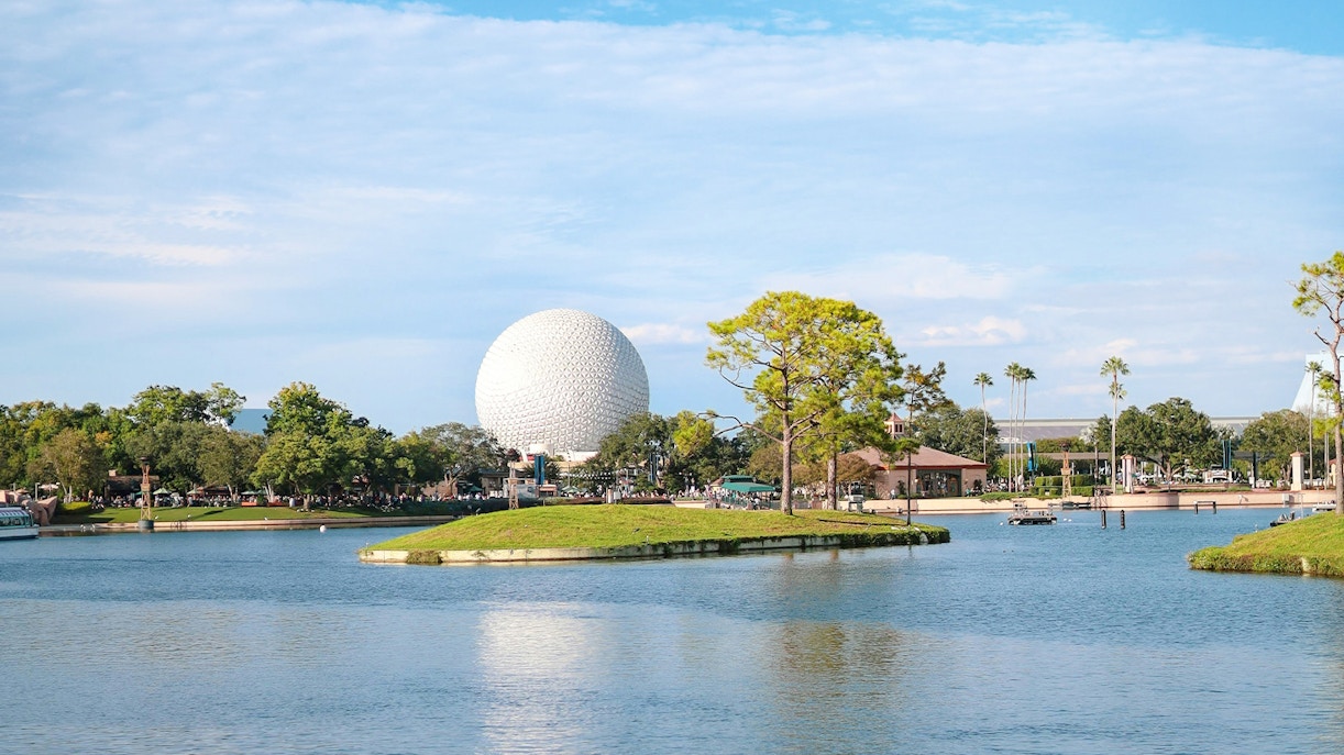 EPCOT's Spaceship Earth across the lake at Walt Disney World, Orlando.