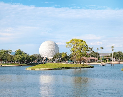 EPCOT's Spaceship Earth across the lake at Walt Disney World, Orlando.