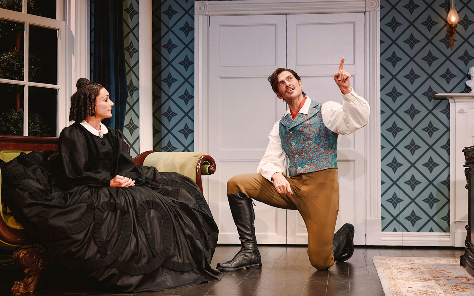 Actors performing a scene from "Oh, Mary!" Broadway show on stage.