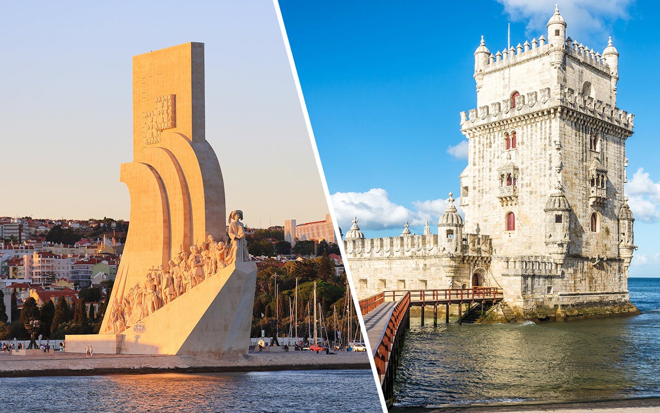 Padrão dos Descobrimentos monument and Belém Tower in Lisbon, Portugal.