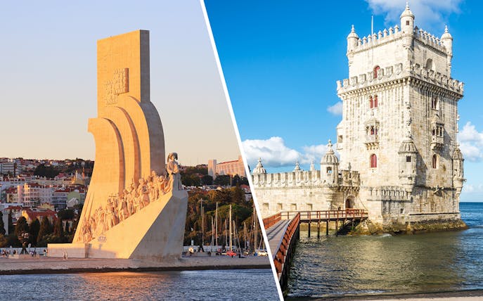 Padrão dos Descobrimentos monument and Belém Tower in Lisbon, Portugal.