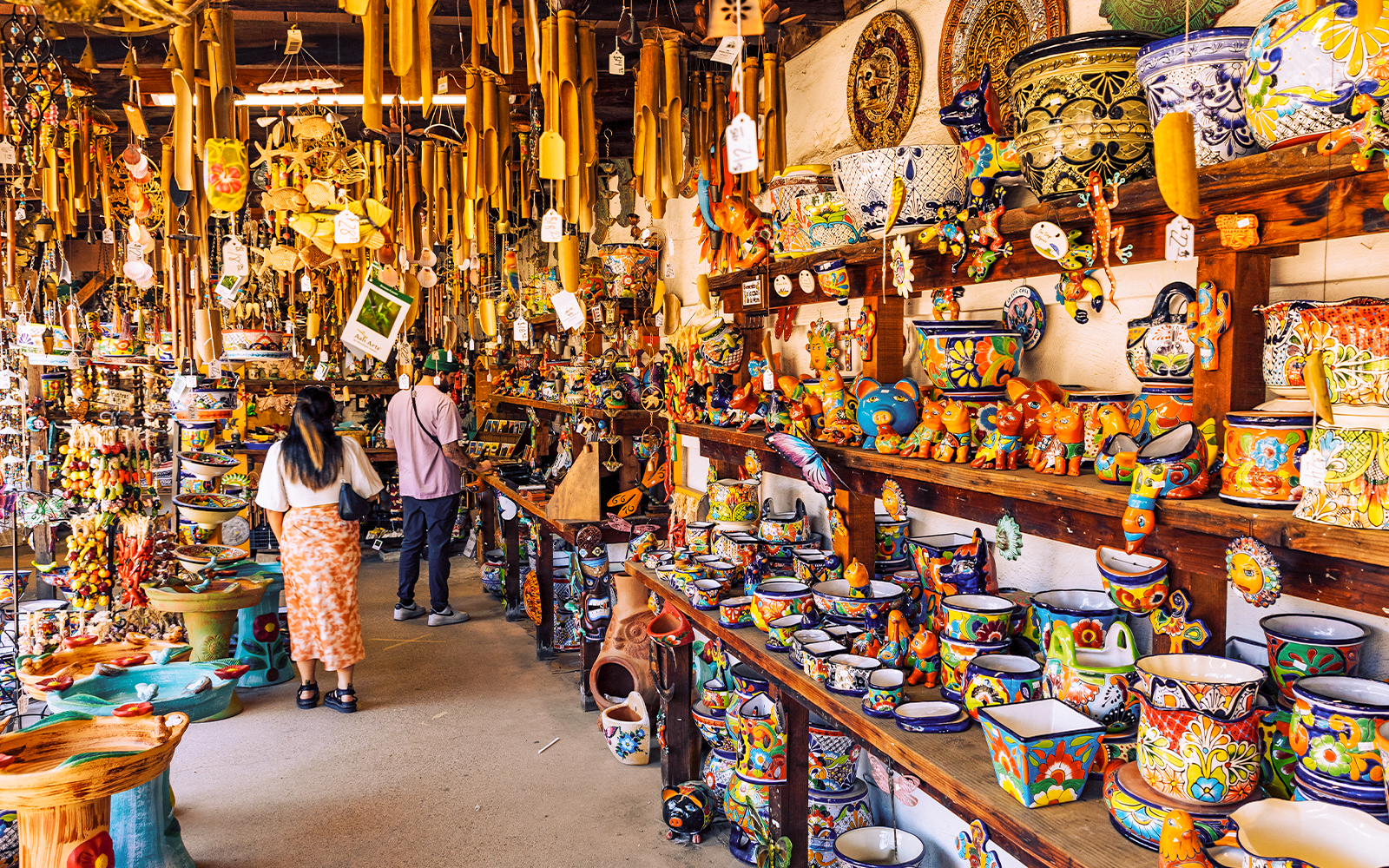 Colorful pottery and crafts in a Mexico City souvenir shop.