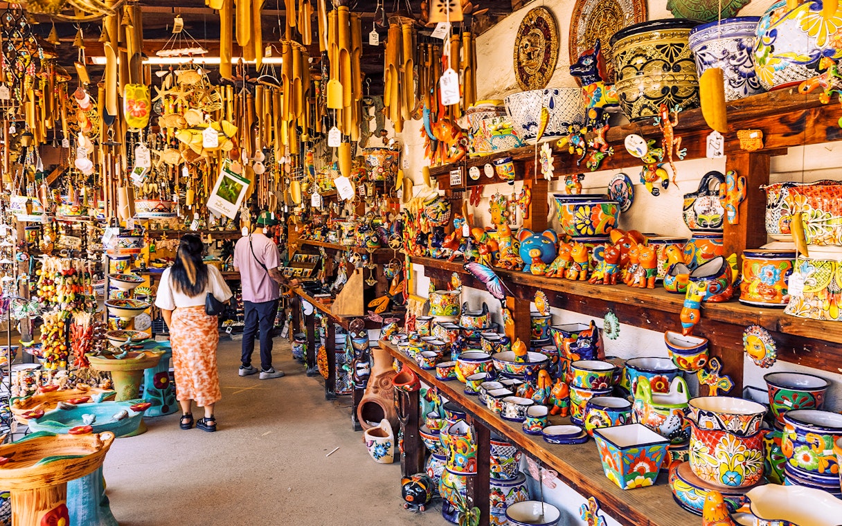 Colorful pottery and crafts in a Mexico City souvenir shop.