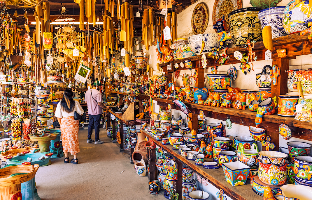 Colorful pottery and crafts in a Mexico City souvenir shop.