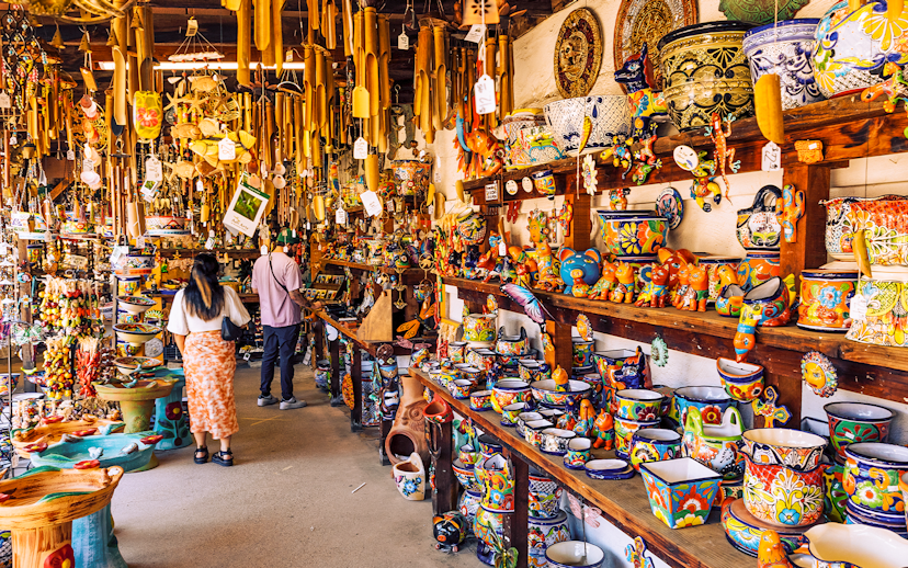 Colorful pottery and crafts in a Mexico City souvenir shop.