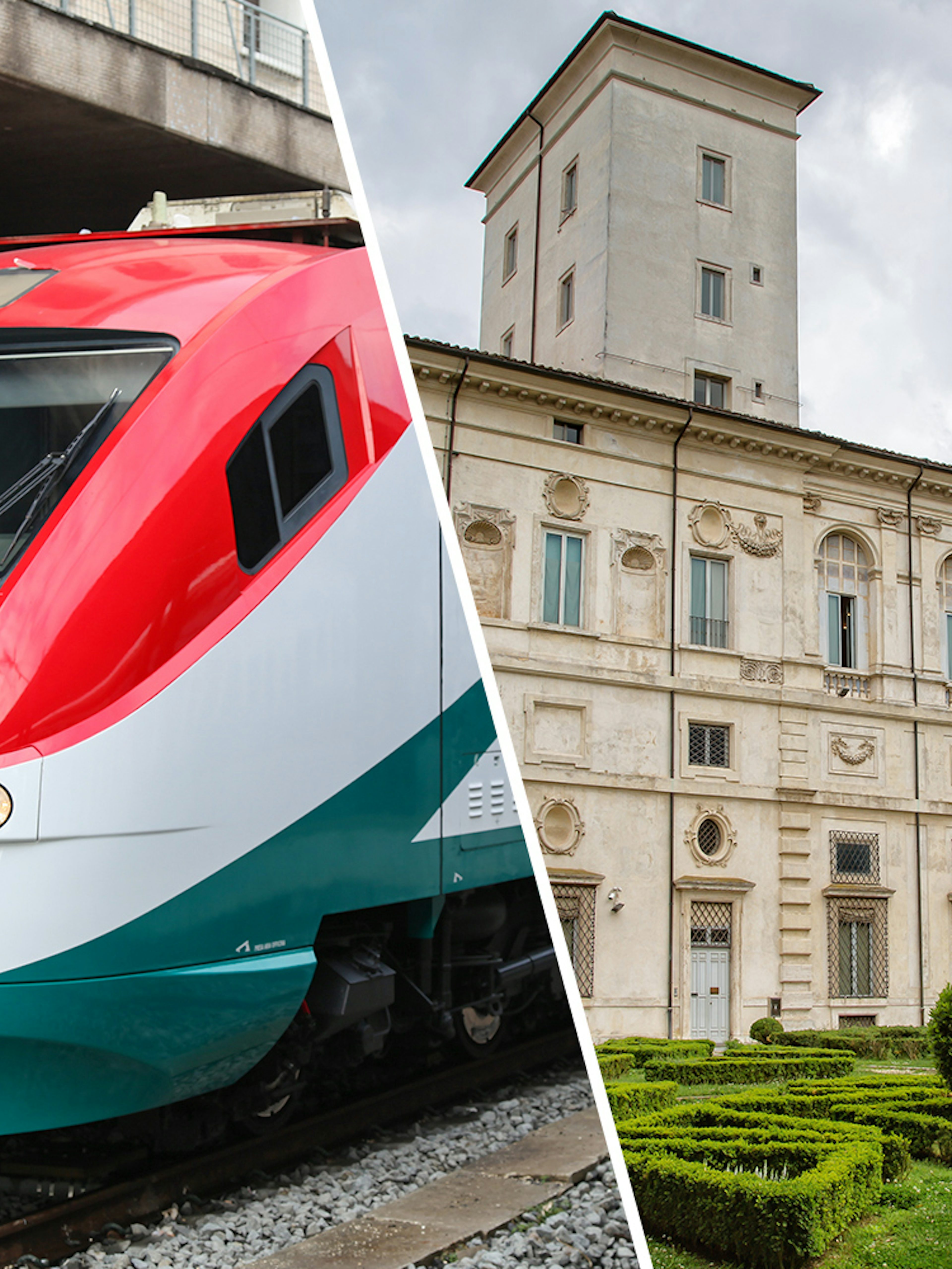 Leonardo Express train and Borghese Gallery in Rome, Italy.